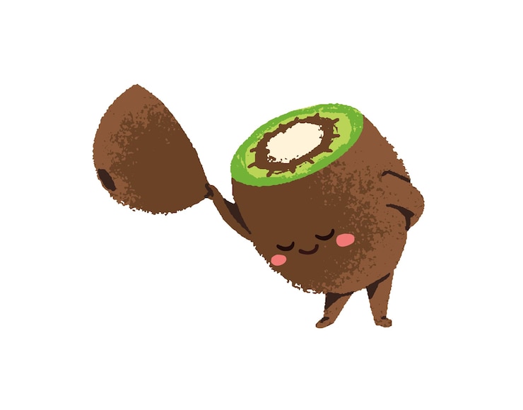 Vector funny kiwi character bows and takes off its hat happy tropical fruit welcomes says hello with gesture cute gentleman is greeting flat isolated drawing vector illustration on white background