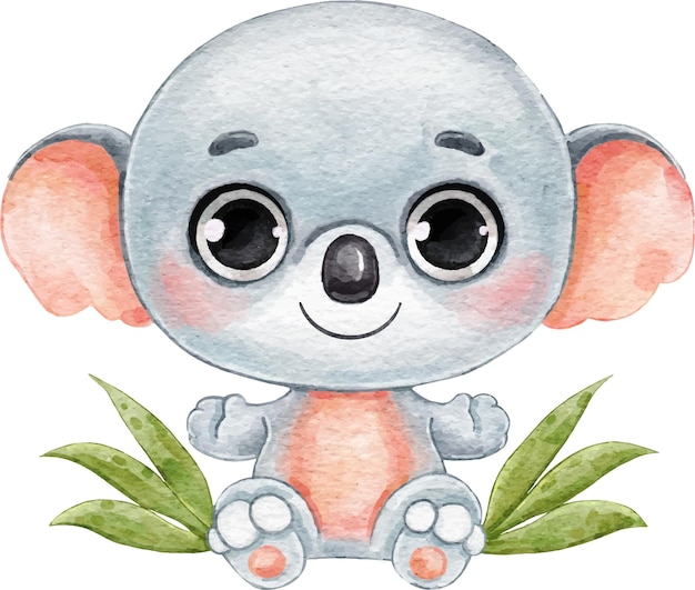 Vector funny koala with big eyes peeks out of the leaves