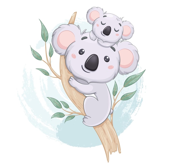 Koala divertente con il suo bambino su un albero di eucalipto simpatici personaggi dei cartoni animati