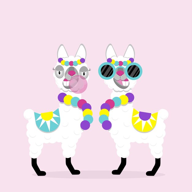 Funny lamas alpaca with glasses and gum on pink background. Flat image of cute and funny animal.