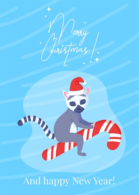 Funny lemur in Christmas hat on the candy cane greeting card