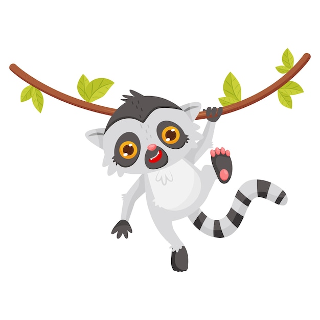Funny lemur hanging on liana Animal with long striped tail and big shiny eyes Adorable cartoon character Graphic element for children book Flat vector illustration isolated on white background