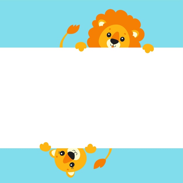 Забавный лев и львица милый мультяшный персонаж с белым пустым плакатом