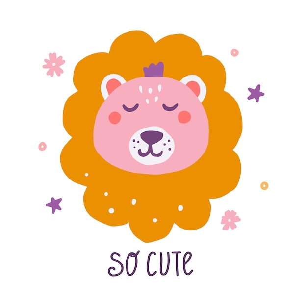 Забавное лицо льва с надписью So Cute postcard poster design vector flat illustration