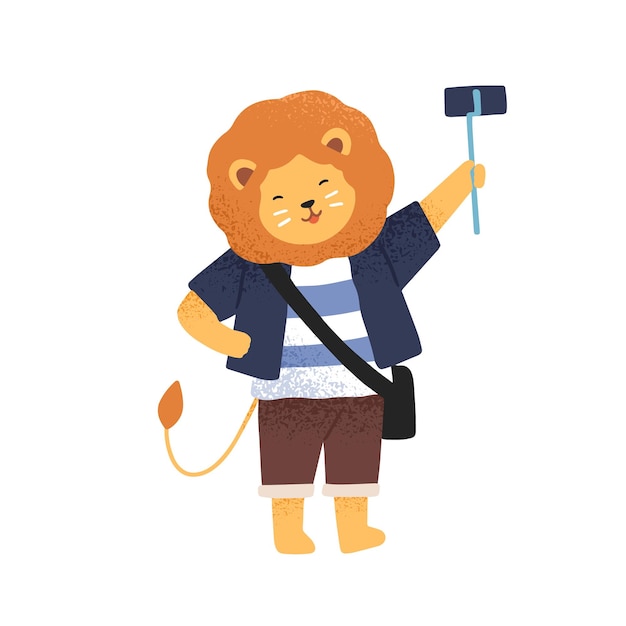 Funny lion taking photo or video holding selfie stick monopod vector flat illustration. smiling childish animal traveler shooting or photographing, use smartphone isolated. happy tourist character.