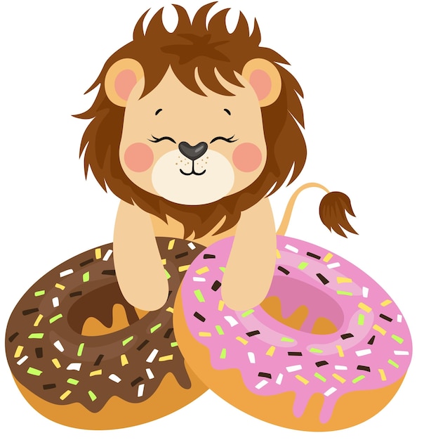 Funny lion with strawberry and chocolate donuts