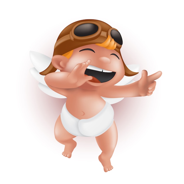 Funny little baby cupid in diaper, helmet and pilot glasses, pointing his finger and laughing. Cute angel character