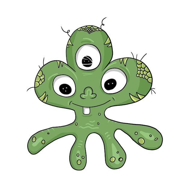 Funny little baby monster with three eyes and tentacles