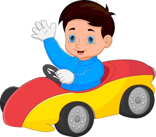 Funny little boy driving toy car and waving