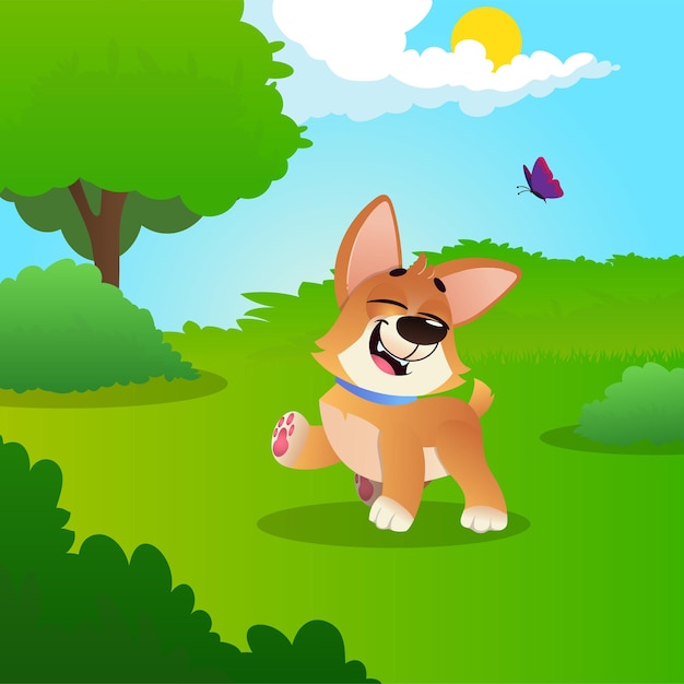 Vector funny little corgi walking by green meadow in park sunny summer day colorful nature landscape with trees bushes blue sky white clouds flying butterfly cartoon vector illustration in flat style