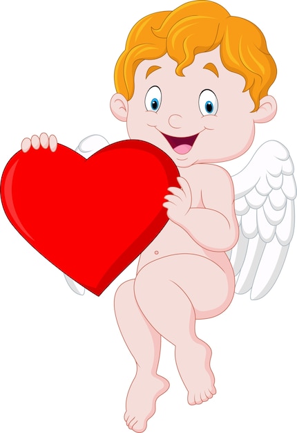 Divertente piccolo cupido tenendo il cuore d'amore