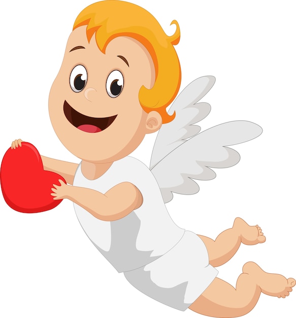 Funny little cupid holding red heart