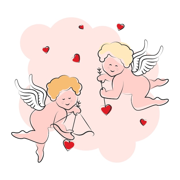Funny little cupids shooting arrows with hearts, vector illustration isolated on white background