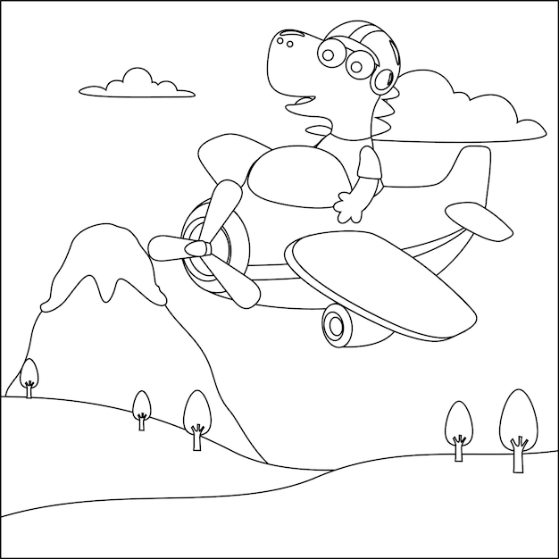 Funny little dinosaur pilot is flying in the sky Cartoon isolated vector illustration