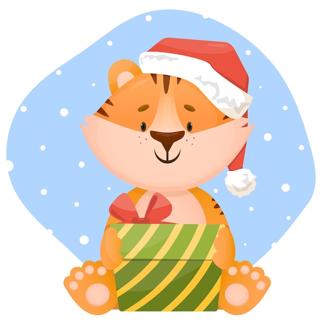 새해 산타 모자 벡터 삽화에 선물 상자를 들고 앉아 있는 재미있는 작은 행복한 호랑이 새끼