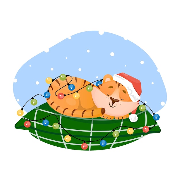 Funny little happy tiger cub sleeps on pillow shrouded in garlands Vector character illustration