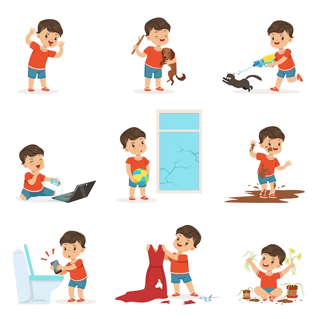 Vector funny little kid playing games and making mess