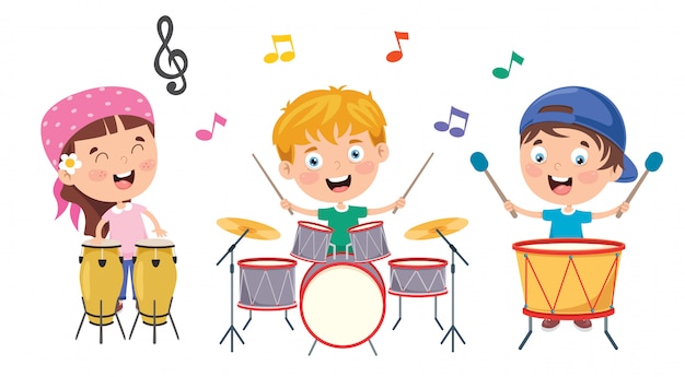 Vector funny little kids performing music