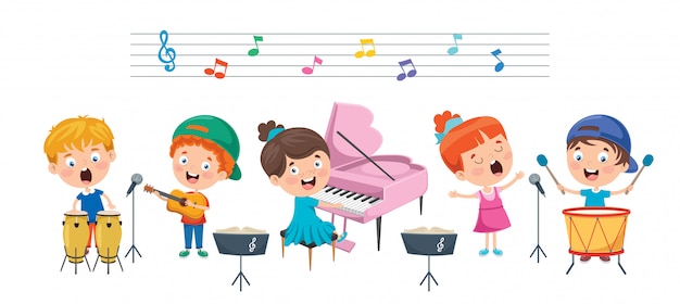 Vector funny little kids performing music