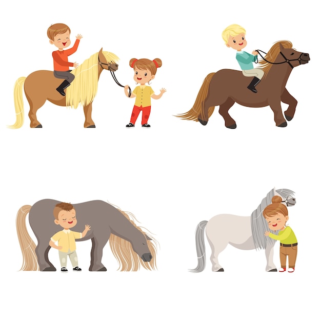 Vettore bambini divertenti che cavalcano pony e si prendono cura dei loro cavalli insieme, sport equestri, illustrazioni su sfondo bianco