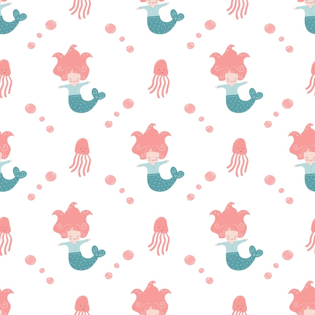 Funny little Mermaid with octopus. Seamless pattern for textile