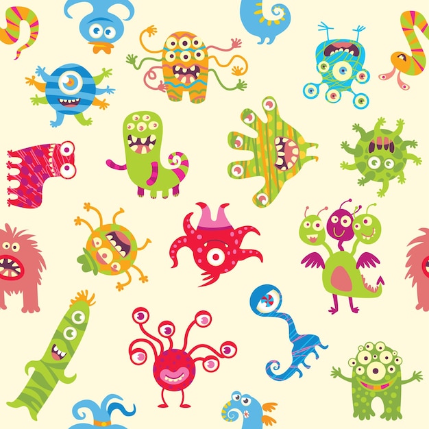 Funny little monsters seamless ornament funny cartoon character vector illustration