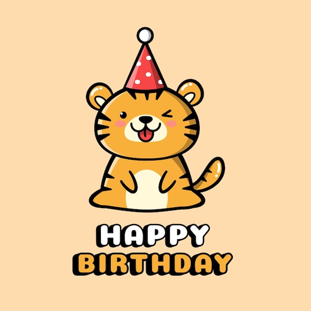 Funny little tiger illustration in kawaii style Cute tiger cub Happy birthday illustration