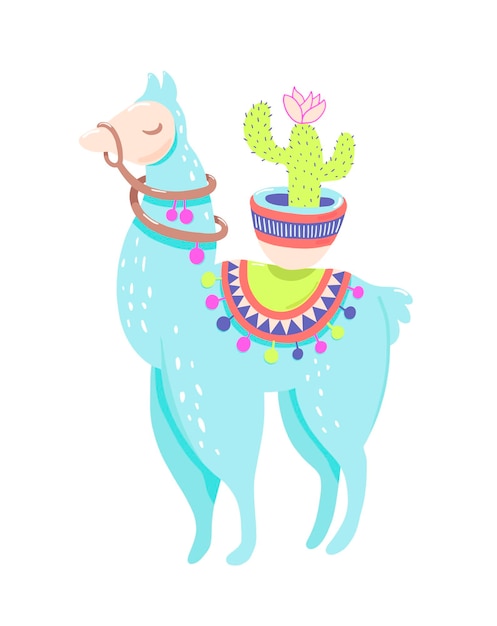 Funny llama with cactus isolated on white blue alpaca animal