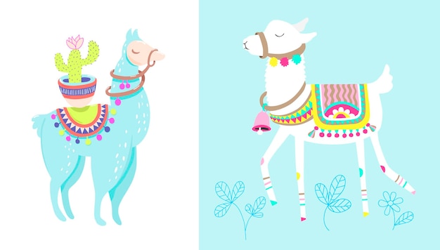 Funny llama with cactus isolated on white blue alpaca animal