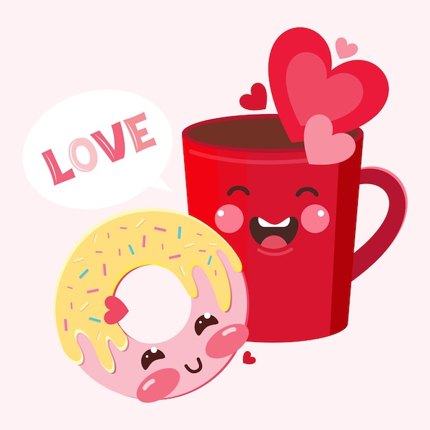 Funny love characters red coffee mug and donut. Sweet romantic couple feel happy and joyful. Hearts characters as symbols and concept love