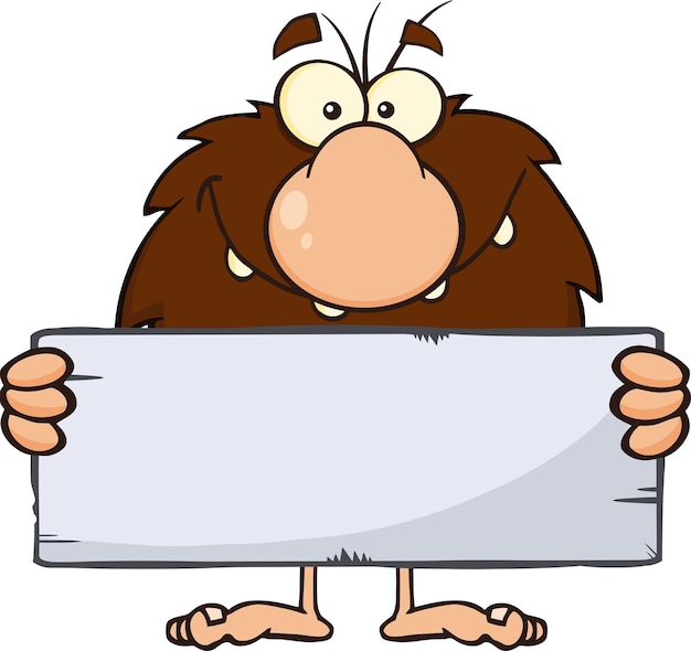 Vector funny male caveman cartoon mascot character holding a stone blank sign. vector illustration