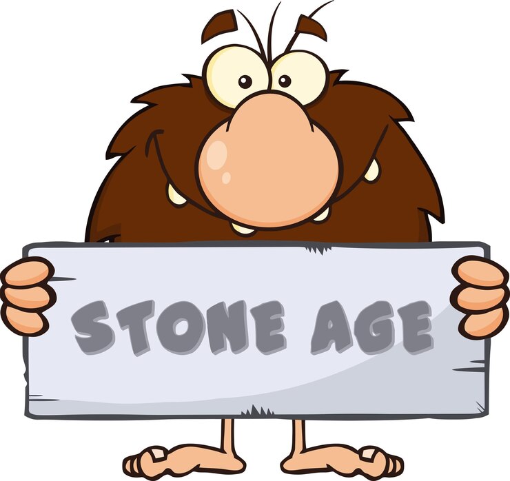 वेक्टर funny male caveman cartoon mascot character holding a stone sign with text stone age