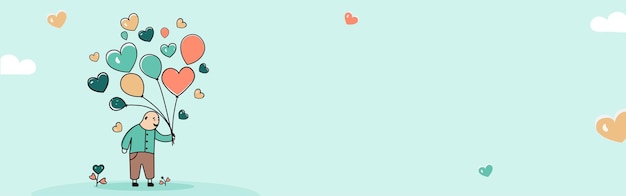 Personaggio uomo divertente con palloncini a forma di cuore volante su sfondo blu pastello e spazio di copia amore o concetto di san valentino