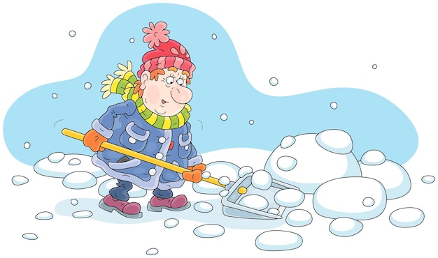 Funny man diligently cleaning snow with his shovel in a courtyard of a house on a snowy winter day