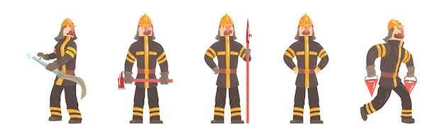 ユニフォームのベクトルセットの面白い男消防士キャラクター