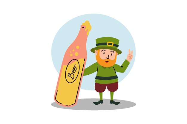 Забавный мужчина в зеленой шляпе с бутылкой пива в руках иллюстрация к ирландскому празднику дня святого патрика