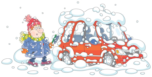 Vector funny man with an automobile brush cleaning his snowcovered car from snow in a yard of his house