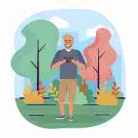 Vector funny man with smartphone technology and trees