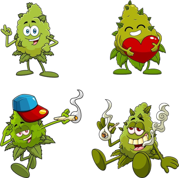 Funny Marijuana Bud Cartoon Characters Vector Hand Drawn Collection Set