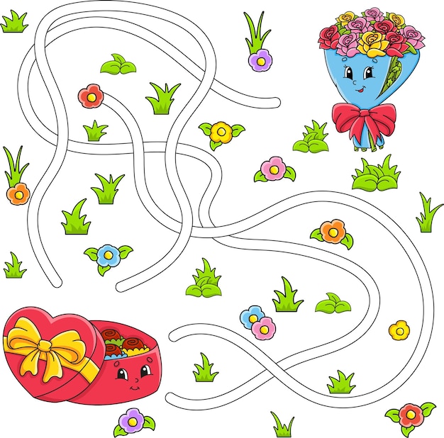 Funny maze for kids Puzzle for children cartoon character Labyrinth conundrum Valentine's Day