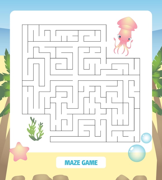 Funny maze puzzle for children labyrinth squid marine life collection