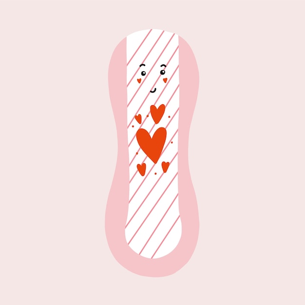 Funny menstrual pad character with hearts