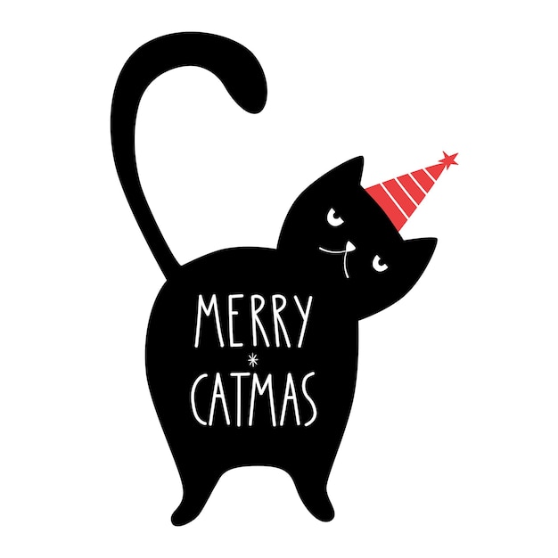 Divertente gatto nero di buon natale con scritta merry catmas doodle in stile cartone animato