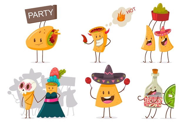Смешные мексиканские еда и напитки векторный набор. симпатичные начо, текила, лайм, буррито и тако мультипликационный персонаж с различными эмоциями, изолированными на белом фоне.