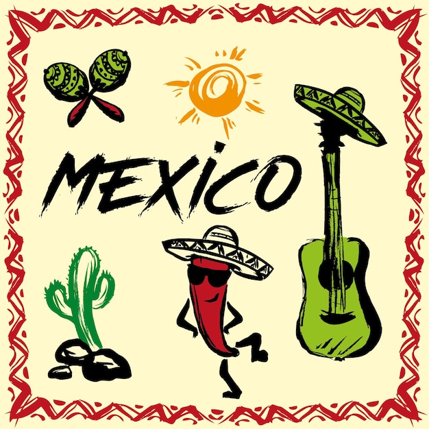 Vector funny mexico background with traditional symbols vector illustration