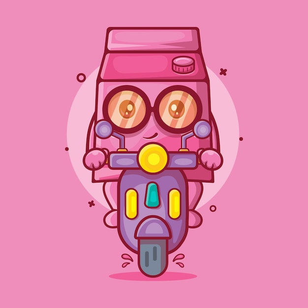 Vector funny milk box character mascot riding scooter motorcycle isolated cartoon in flat style design