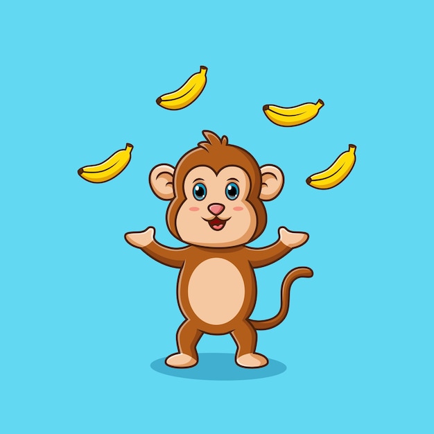 Funny monkey acrobatic throwing banana isolated chimpanzee cartoon character vector illustration