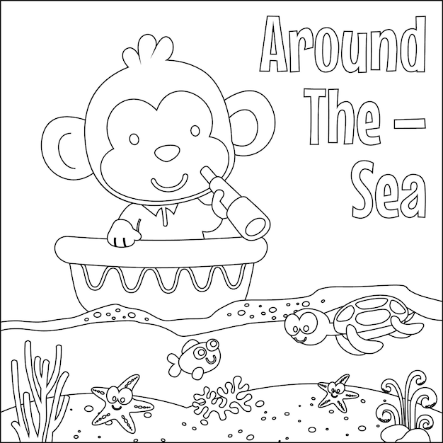 Funny monkey cartoon vector on little boat with cartoon style Trendy children graphic with Line Art Design Hand Drawing Sketch For Adult And Kids Coloring book or page