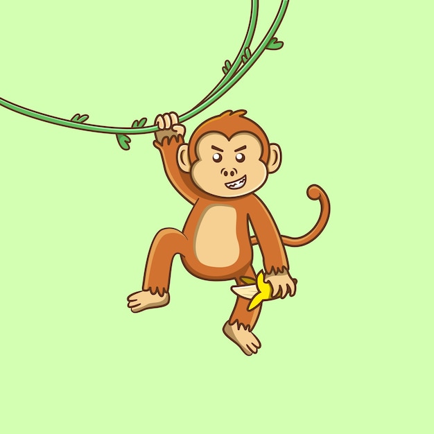 Vector funny monkey swinging on plant tree with holding banana cartoon vector isolated