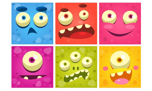 Funny monster faces set colorful square emojis cute emoticons with different emotions vector